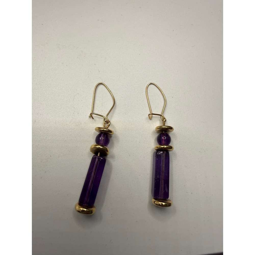 Purple Beaded Drop Earrings Gold Tone Kidney Wire Dangle Geometric Jewelry